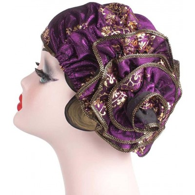 Skullies & Beanies Women Flower Muslim Ruffle Cancer Chemo Hat Beanie Turban Head Wrap Cap - Purple B - CD1804KXY9R $10.49