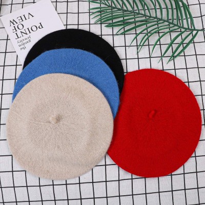 Berets 4 Pieces Beret Hat for Women Classic Solid Color French Style Beanie Winter Cap(Black- Red- Baby Blue- Beige) - C618Z0...