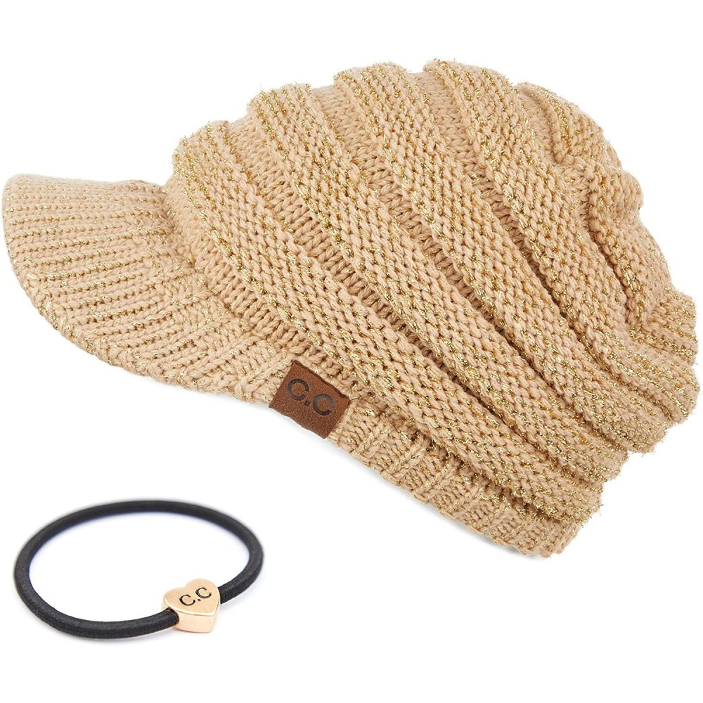 Skullies & Beanies Hatsandscarf Exclusives Women's Ribbed Knit Hat with Brim (YJ-131) - Gold Metallic With Ponytail Holder - ...