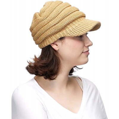 Skullies & Beanies Hatsandscarf Exclusives Women's Ribbed Knit Hat with Brim (YJ-131) - Gold Metallic With Ponytail Holder - ...
