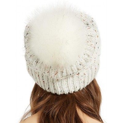 Skullies & Beanies Womens Winter Knit Slouchy Beanie Chunky Hats Bobble Hat Ski Cap with Faux Fur Pompom - Confetti White - C...