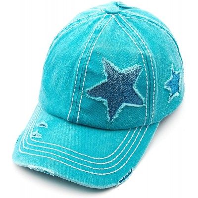 Baseball Caps Exclusives Hatsandscarf Distressed Adjustable - Turquoise Glitter Stars - CH18SMUUCLW $30.13