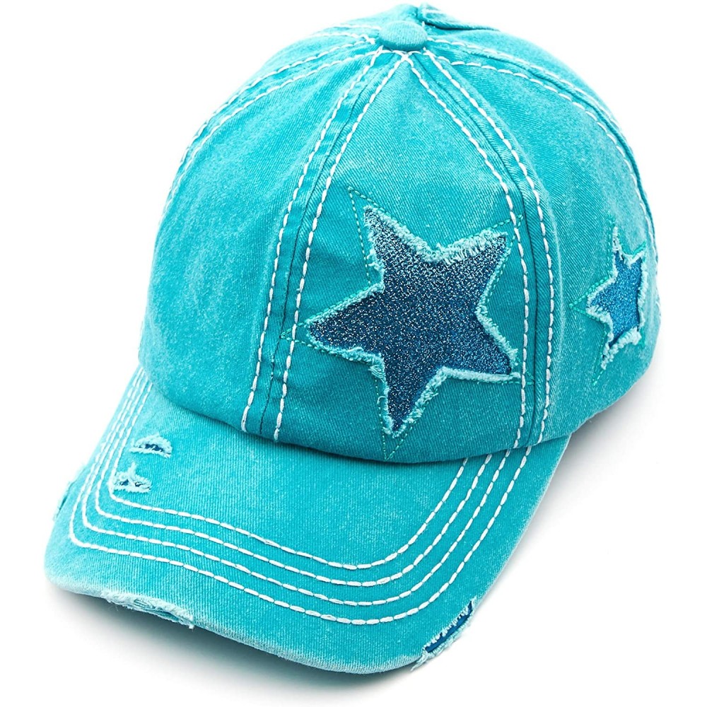Baseball Caps Exclusives Hatsandscarf Distressed Adjustable - Turquoise Glitter Stars - CH18SMUUCLW $13.31