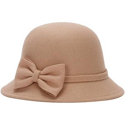 Bucket Hats Women Solid Color Winter Hat Flower 100% Wool Cloche Bucket Hat - Z-camel - CP1935GEL5K $14.07