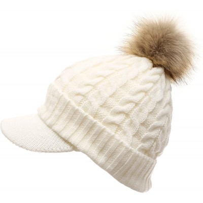 Skullies & Beanies Women's Winter Warm Cable Knitted Visor Brim Pom Pom Beanie Hat with Soft Sherpa Lining. - Cream - CE1896M...