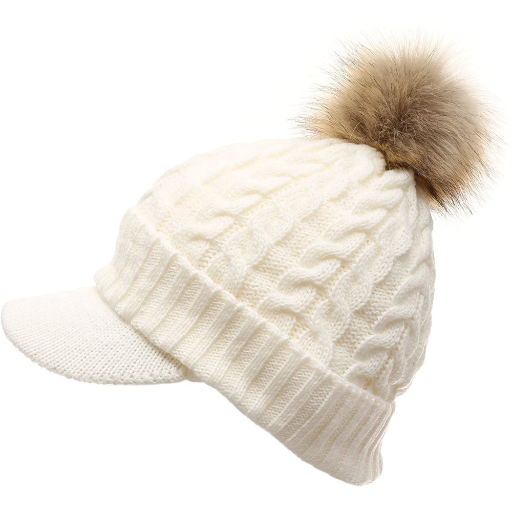 Skullies & Beanies Women's Winter Warm Cable Knitted Visor Brim Pom Pom Beanie Hat with Soft Sherpa Lining. - Cream - CE1896M...