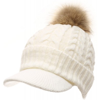 Skullies & Beanies Women's Winter Warm Cable Knitted Visor Brim Pom Pom Beanie Hat with Soft Sherpa Lining. - Cream - CE1896M...