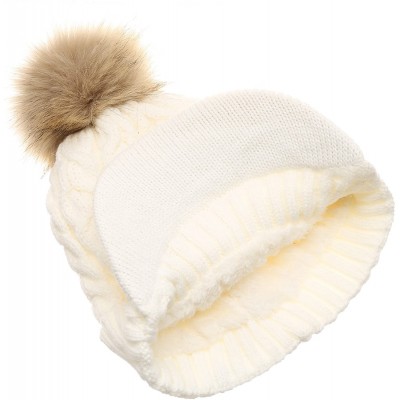 Skullies & Beanies Women's Winter Warm Cable Knitted Visor Brim Pom Pom Beanie Hat with Soft Sherpa Lining. - Cream - CE1896M...