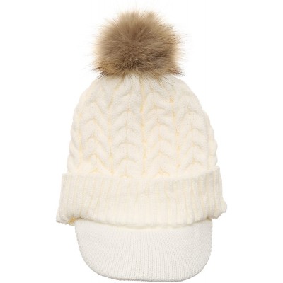 Skullies & Beanies Women's Winter Warm Cable Knitted Visor Brim Pom Pom Beanie Hat with Soft Sherpa Lining. - Cream - CE1896M...