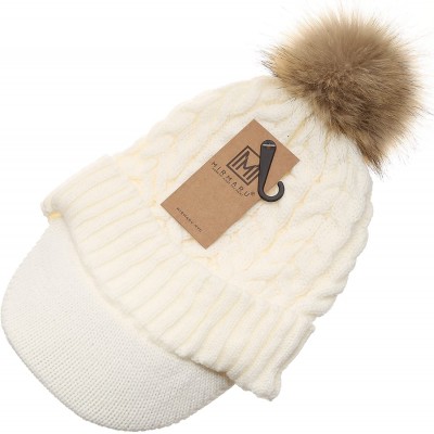 Skullies & Beanies Women's Winter Warm Cable Knitted Visor Brim Pom Pom Beanie Hat with Soft Sherpa Lining. - Cream - CE1896M...