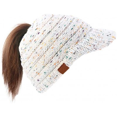 Skullies & Beanies Women's Warm Chunky Cable Knit Messy Bun Hat Ponytail Visor Beanie Cap - Confetti White - CV18LNTEMIY $11.89