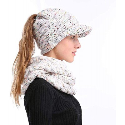 Skullies & Beanies Women's Warm Chunky Cable Knit Messy Bun Hat Ponytail Visor Beanie Cap - Confetti White - CV18LNTEMIY $11.89