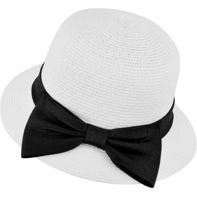 Sun Hats Women's Wide Brim Straw Sun Hat w/Large Decorative Bow and Drawstring - White - CG18CHZ4S04 $11.82