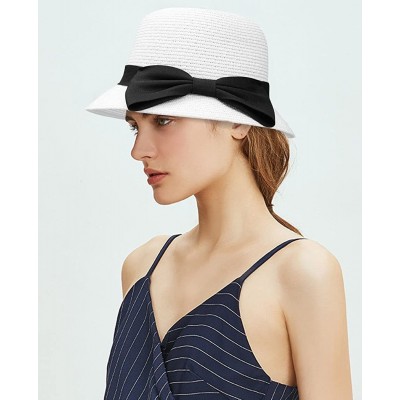Sun Hats Women's Wide Brim Straw Sun Hat w/Large Decorative Bow and Drawstring - White - CG18CHZ4S04 $11.82