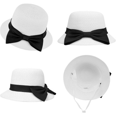 Sun Hats Women's Wide Brim Straw Sun Hat w/Large Decorative Bow and Drawstring - White - CG18CHZ4S04 $11.82