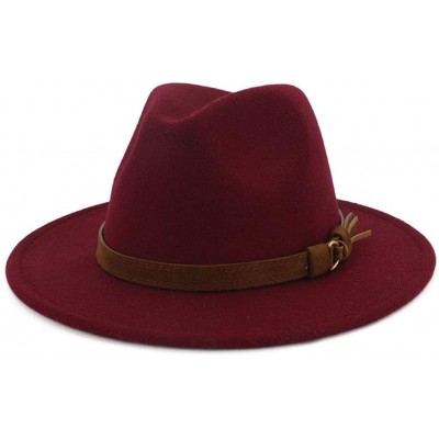 Fedoras Men & Women Vintage Wide Brim Fedora Hat with Belt Buckle - A Buckle-wine - C318L4T7IDS $21.55