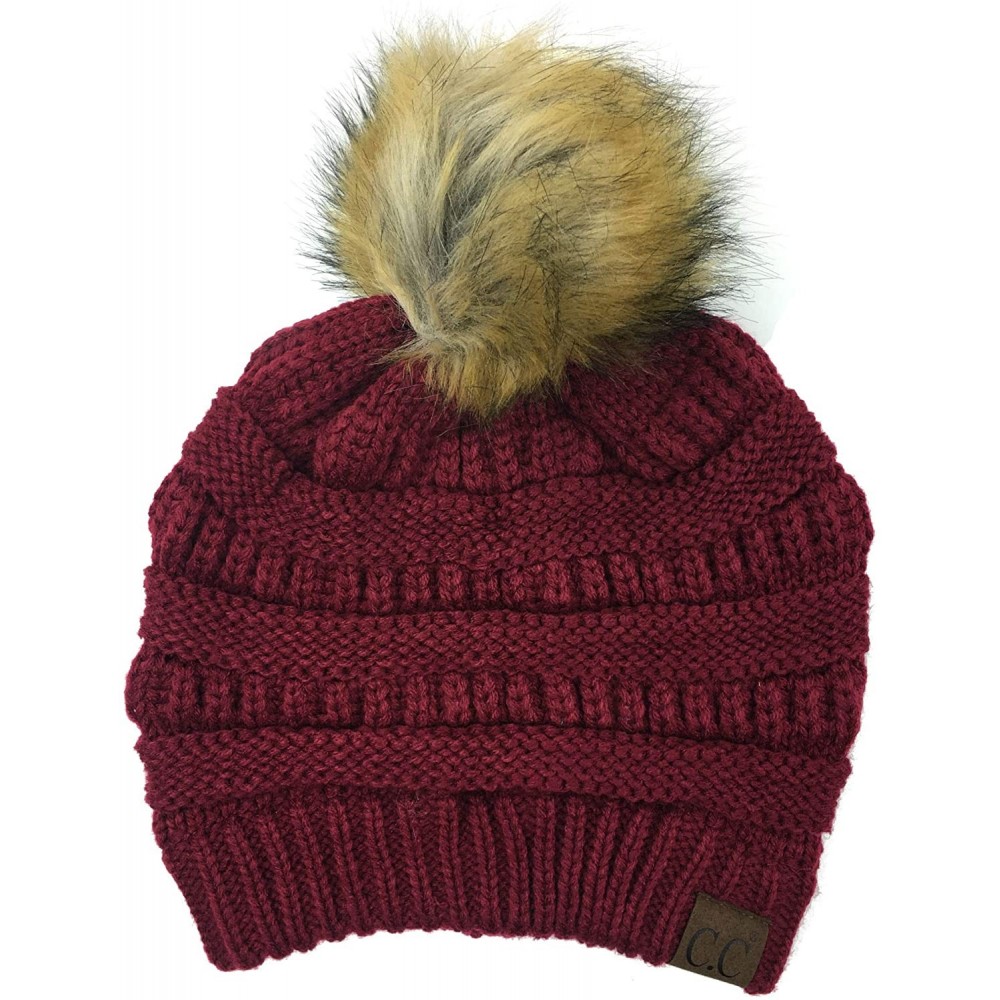 Skullies & Beanies Soft Stretch Cable Knit Ribbed Faux Fur Pom Pom Beanie Hat - Burgundy - C912JSM8S65 $18.96