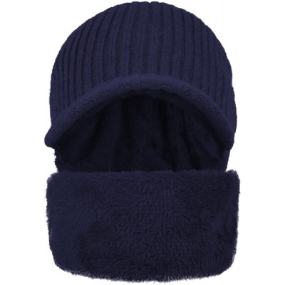 Visors Winter Outdoor Solid Knit Visor Beanie Hat with Neckerchief Fleece Lined Knit Cap - Navy - C4188AILZCW $16.60