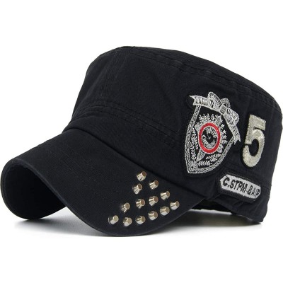 Baseball Caps Men Women Soft Washed Cotton Adjustable Flat Top Military Army Hat Cadet Cap Zip Studs Embroidery Patch - Color...
