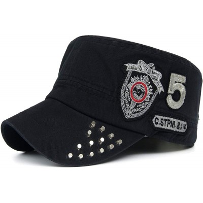 Baseball Caps Men Women Soft Washed Cotton Adjustable Flat Top Military Army Hat Cadet Cap Zip Studs Embroidery Patch - Color...