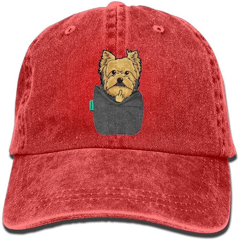 Baseball Caps Yorkie FU Pocket Denim Hat Adjustable Unisex Classic Baseball - Red - CU18DW0X05L $16.98