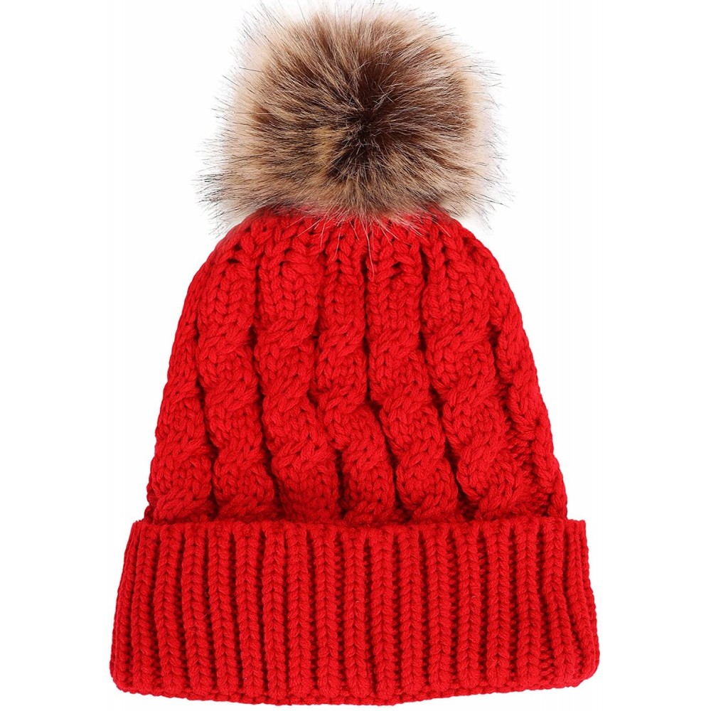 Skullies & Beanies Women Winter Warm Knitted Faux Fur Pom Pom Beanie Hat - Red - CD186YLHGU8 $11.19