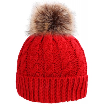 Skullies & Beanies Women Winter Warm Knitted Faux Fur Pom Pom Beanie Hat - Red - CD186YLHGU8 $11.19