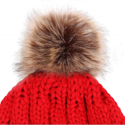 Skullies & Beanies Women Winter Warm Knitted Faux Fur Pom Pom Beanie Hat - Red - CD186YLHGU8 $11.19