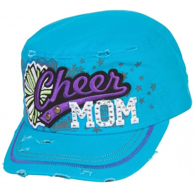 Newsboy Caps Sports Mom Distressed Adjustable Cadet Cap - Turquoise - Cheer Mom - CX17WWCSO4Q $16.64