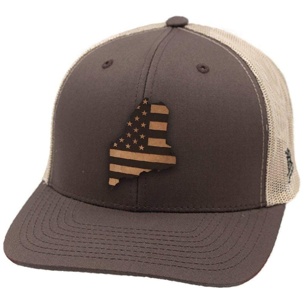 Baseball Caps 'Maine Patriot' Leather Patch Hat Curved Trucker - Brown/Tan - CS18IGQ57NT $27.50