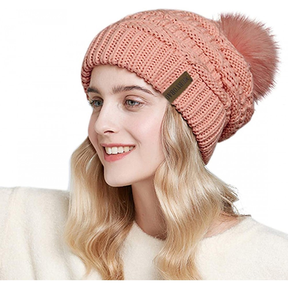 Skullies & Beanies Womens Winter Knit Slouchy Beanie Hat Warm Skull Ski Cap Faux Fur Pom Pom Hats for Girls Single Pink - C01...
