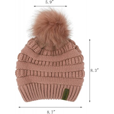 Skullies & Beanies Womens Winter Knit Slouchy Beanie Hat Warm Skull Ski Cap Faux Fur Pom Pom Hats for Girls Single Pink - C01...