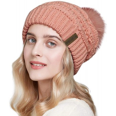 Skullies & Beanies Womens Winter Knit Slouchy Beanie Hat Warm Skull Ski Cap Faux Fur Pom Pom Hats for Girls Single Pink - C01...