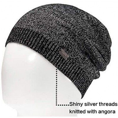 Skullies & Beanies Unique Silver Threads Knit Hats Angora Slouchy Beanie for Women Winter Skull Caps Big Head - Black/Silver ...