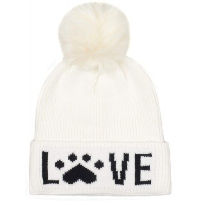 Skullies & Beanies Cat Lover Dog Lover Gift Love Paw Faux Fur Pompom Knit Beanie Skully Toque - White Hat Black Love White Po...