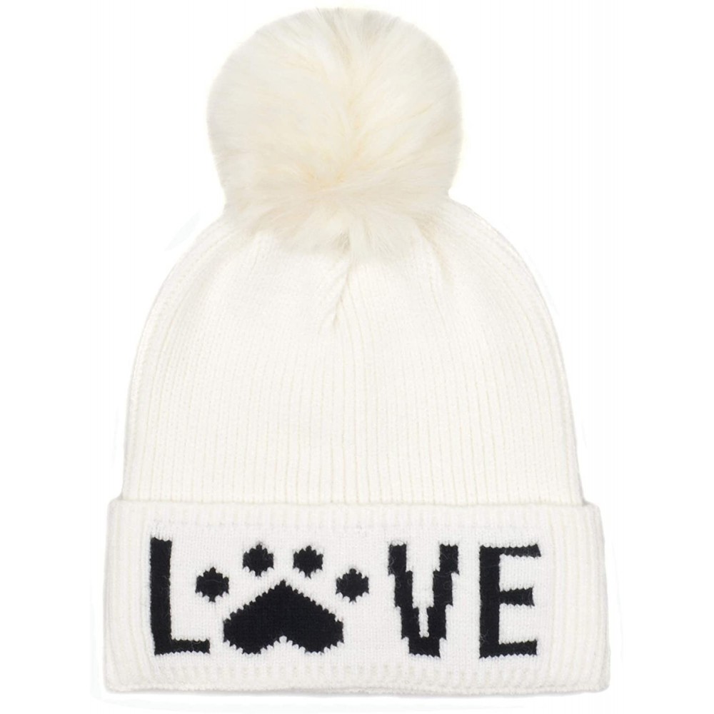 Skullies & Beanies Cat Lover Dog Lover Gift Love Paw Faux Fur Pompom Knit Beanie Skully Toque - White Hat Black Love White Po...
