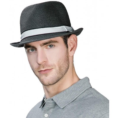 Fedoras Fedora Straw Fashion Sun Hat Packable Summer Panama Beach Hat Men Women 56-62CM - 89600_black - CS18CQSL3WS $23.06