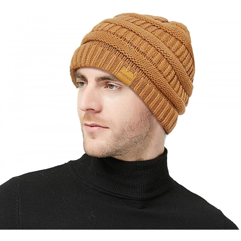 Skullies & Beanies Knit Hat Scarf Set - Merino Wool Winter Warm Beanie Circle Loop Scarves - Hat - Khaki & Yellow - CG18IHA6D...