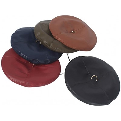 Berets PU Leather French Classic Beret Solid Color Beanie Cap Hat for Women Girls - Brown - C018XXY63RG $25.32