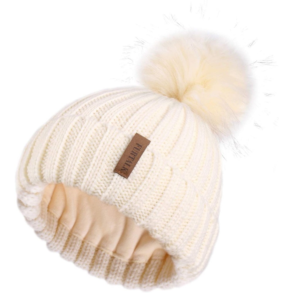 Skullies & Beanies Womens Winter Knitted Beanie Hat with Faux Fur Pom Fleece Lined Warm Beanie for Women - 04-beige - C318LZH...