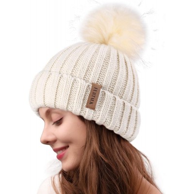 Skullies & Beanies Womens Winter Knitted Beanie Hat with Faux Fur Pom Fleece Lined Warm Beanie for Women - 04-beige - C318LZH...