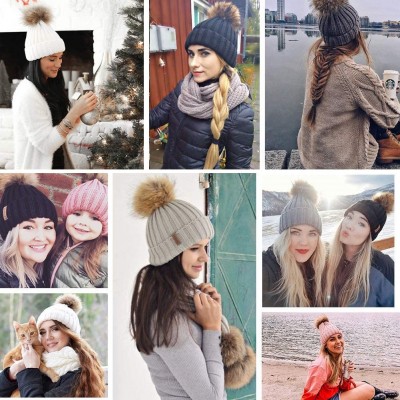 Skullies & Beanies Womens Winter Knitted Beanie Hat with Faux Fur Pom Fleece Lined Warm Beanie for Women - 04-beige - C318LZH...