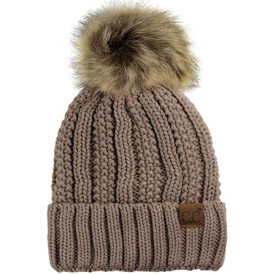 Skullies & Beanies Thick Cable Knit Faux Fuzzy Fur Pom Fleece Lined Skull Cap Cuff Beanie - Taupe - CW185ITL6C8 $20.44