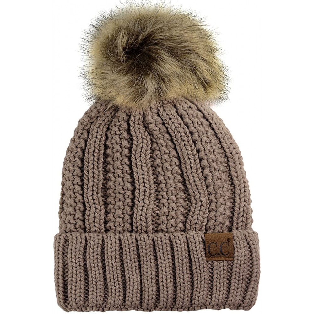 Skullies & Beanies Thick Cable Knit Faux Fuzzy Fur Pom Fleece Lined Skull Cap Cuff Beanie - Taupe - CW185ITL6C8 $20.44