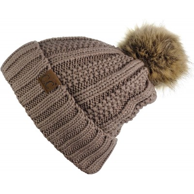 Skullies & Beanies Thick Cable Knit Faux Fuzzy Fur Pom Fleece Lined Skull Cap Cuff Beanie - Taupe - CW185ITL6C8 $20.44