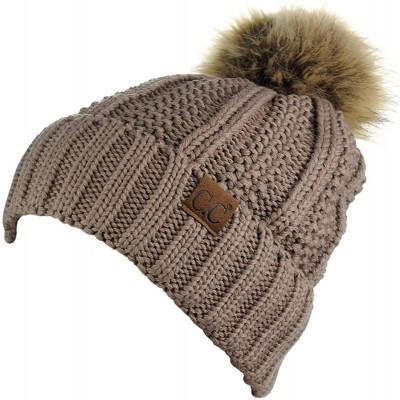 Skullies & Beanies Thick Cable Knit Faux Fuzzy Fur Pom Fleece Lined Skull Cap Cuff Beanie - Taupe - CW185ITL6C8 $20.44