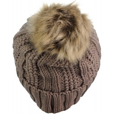 Skullies & Beanies Thick Cable Knit Faux Fuzzy Fur Pom Fleece Lined Skull Cap Cuff Beanie - Taupe - CW185ITL6C8 $20.44