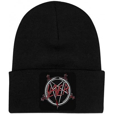 Skullies & Beanies Slayer Pentagram Logo Fold Knit Beanie Hat Black - CC12F38Q6QR $16.76