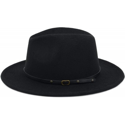 Fedoras Women Men Vintage Wide Brim Belt Buckle Panama Felt Fedora Hat - Black - CB18Z0E5Y2Y $12.88