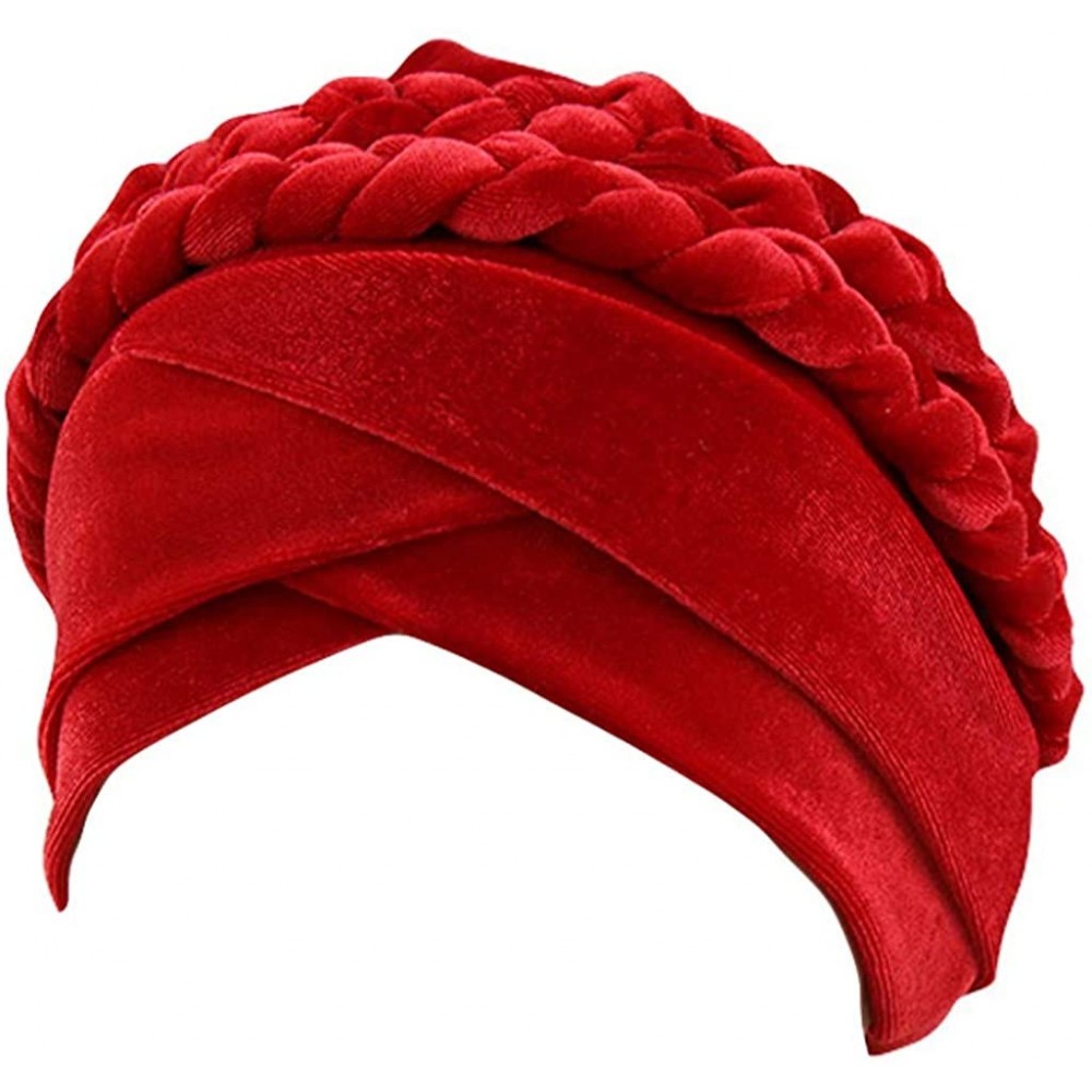 Skullies & Beanies Women Braid Velvet Muslim Stretch Turban Hat Twist Braid Cap Head Scarf Wrap Cap - Red - CU18T4AL4HE $10.16